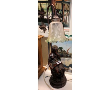 BRONZED EFFECT ART NOUVEAU FIGURAL LAMP WITH MOTTLED SHADE 