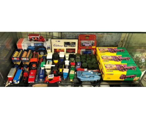 THREE BOXED CORGI CLASSICS RIGID TRUCKS NO. 2401, ALONG WITH A SHELF OF DIECAST PLAYWORN CARS, MILITARY VEHICLES AND A DINKY 