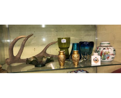 OVOID TEMPLE JAR AND COVER, PAIR OF BALUSTER VASES, ROYAL WORCESTER 18TH CENTURY STYLE TEA CADDY, CARNIVAL GLASS CRIMP DISH A