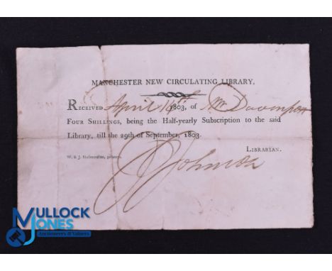 Manchester New Circulating Library Subscription 1803 Receipt to Mr Davenport for 4 Shillings for half yearly subscription. Bl