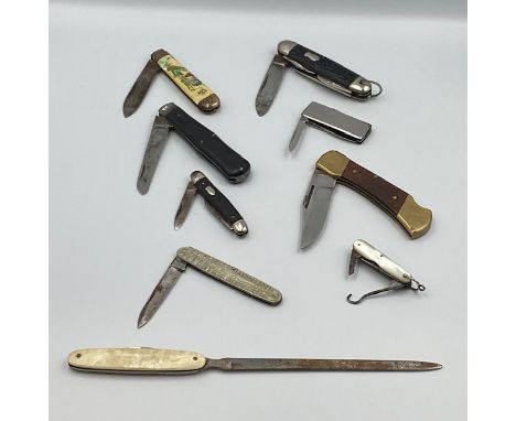 Vintage Penknife Letter Opener Button Hook, 9 penknives with noted items of the Lambfoot knife mother of pearl multi tool wit