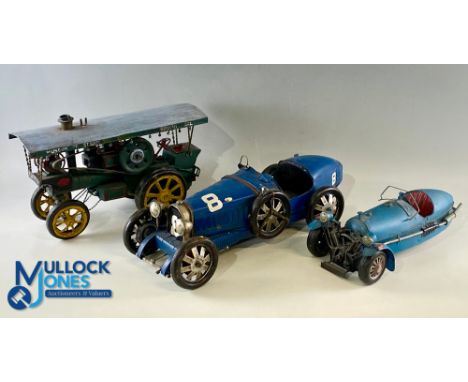 Tinplate Scratch Built Models, 3 decorative models of a traction engine, Bugatti type 55, Morgan 3-wheeler?  Modern, made in 