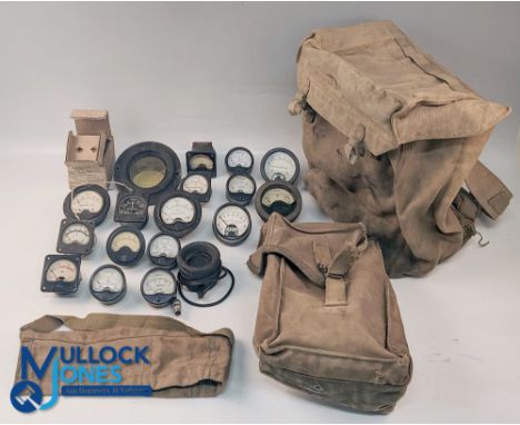 WWII Military Air Ministry Electrical Equipment Gauges and Webbing bags, with noted gauges of AM Amperes, volts meter Army mi