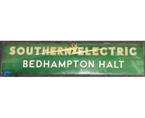 Southern Railway Bedhampton Halt enamel sign - SOUTHERN ELECTRIC with SR electric flash and left facing arrow. In good origin