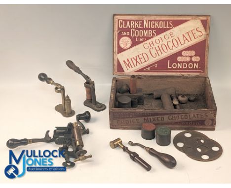 Shot Gun Cartridge Making Tools, Accessories Tins Measures, all within a good Clarke Nickolls Chocolates wooden box