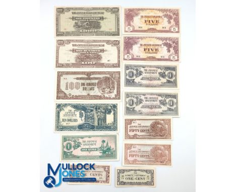 1942-44 Japanese Government Dollar Banknote Collection, 1 Cent - 1000 Dollar notes, light circulated condition (13)