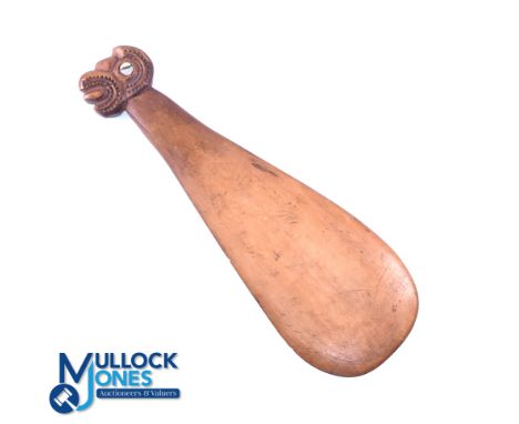 Maori Traditional Flat Carved Wahaika/Club: Magnificent item, approx. 16" x 5", with carved mythical (?) 'head' to handle, st