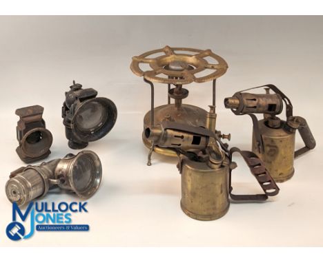 Vintage Carbide Bike Lamps, Brass Paraffin lamps, 3 carbide lamps 2 made by Miller, 2 brass paraffin burner and stove, all in