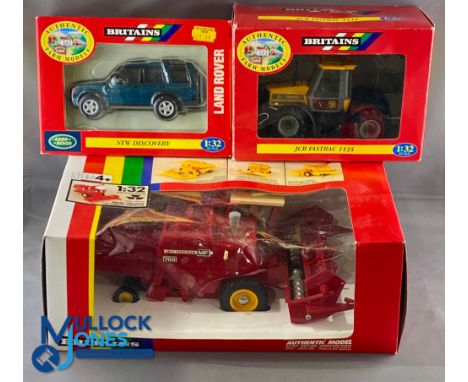 Britains Diecast Farm Vehicles, 3 boxed examples of a good Massey Ferguson 750 combine harvester 9570, JCB 1135 tractor, Land