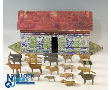 Antique 19th c painted wooden German Noah's Ark - with 19 carved / painted Animals, 2 stick leg figures, 3 animals have damag