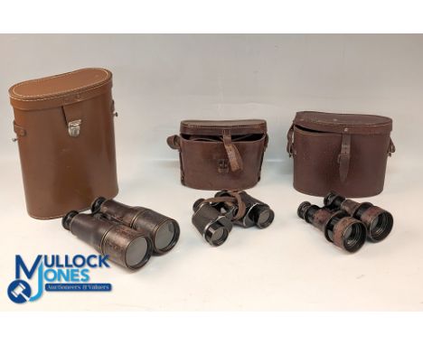Vintage Binocular Collection: x6 all in leather and card cases, with makers of Leisure Arts 12x 50, old unbranded pair with w
