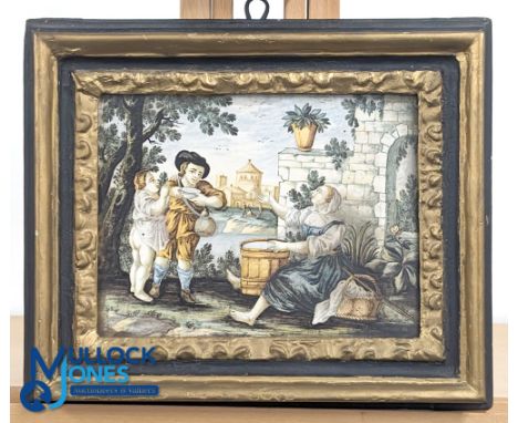 c1800 Italian Earthen ware Ceramic Tile Panel, rectangular tile with rural scene, the tile is #20cm x 26cm in period frame (w
