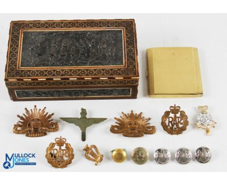 Middle Eastern Inlaid Box etc housing a number of collectable military cap badges, uniform buttons and a cigarette case