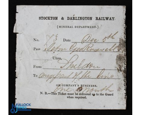 Railway Tickets (2) Stockton &amp; Darlington Railway 1840s. An Employees Free Ticket from Shildon to any part of the line on