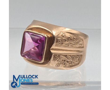 c1980 Soviet Union large 15ct gold Gents Ring with factory made large ruby stone, marked with Hammer &amp; Sickle 583, total 