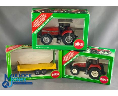 1:32 SIKU Diecast Farm Vehicles Massey Ferguson Tractor 9240, Steyr 9145 tractor, flatbed trailer 2876- all boxed in v light 