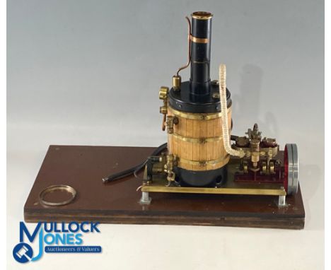 Kit Built Live Steam Model Vertical Engine Boiler 2 Valves, with burner, no makers name, on wooden base - possible missing so