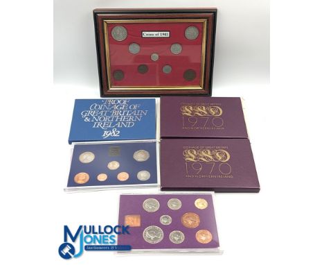 3x British Royal Mint Coin Proof Sets for 1970 x2, 1982 and a framed collection of 1941 light circulated coins set