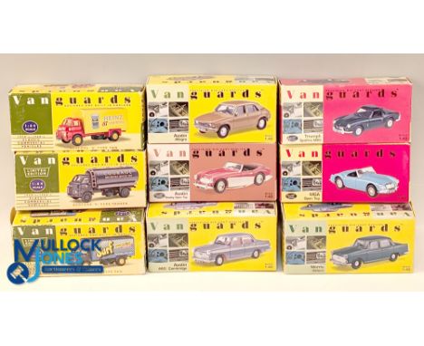 9 Vanguard Scale Diecast Models, 1:43 and 1:64 scale boxed models with noted models of MGA open top, Morris Oxford, Austin Al