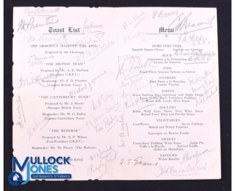 Rare 1930 British &amp; I Lions Signed Menu: Dinner following the match with Canterbury, with 25 pencilled signatures, inc 19
