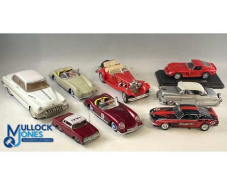 Tinplate Diecast Car Models, 4 tinplate friction models new and older, made in China, plus Burago Mercedes Benz 500K, Ferrari