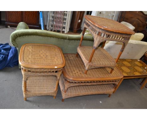 PAIR OF WICKER LAMP TABLES AND A SIMILAR COFFEE TABLE (3)