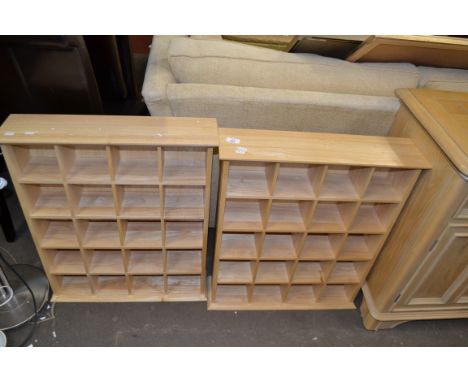 PAIR OF SMALL LIGHT WOOD PIGEONHOLE SHELVES, 61CM HIGH (2)