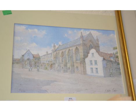 ROCKY BOTT COLOURED PRINT, CHURCH, MOUNTED BUT UNFRAMED, 37CM WIDE