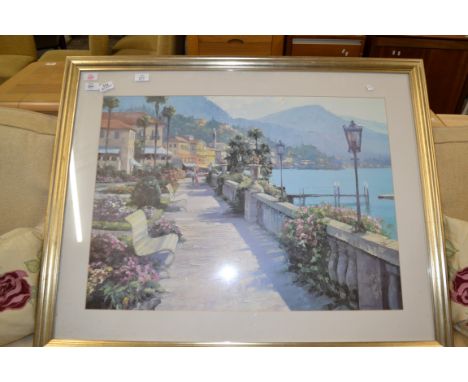 ARTHUR BETRENS COLOURED PRINT, BAY SCENE, FRAMED AND GLAZED, 99CM WIDE