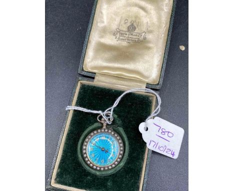 A attractive blue enamel fob watch in original Mappin and Webb case