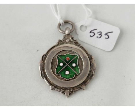 A 1940s silver fob with enamelled billiards design to front