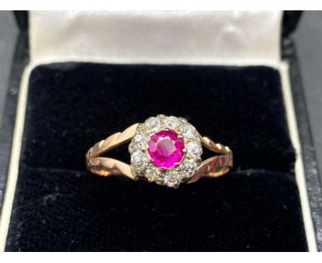 A 19TH CENTURY RUBY AND DIAMOND RING SIZE O 1.7 GMS