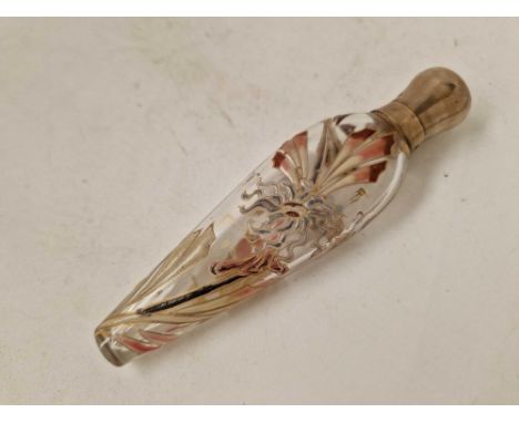 Silver mounted scent bottle Silver gilt with enamel decorated glass body London 1885 By S M 
