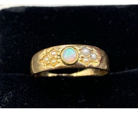 A antique opal and pearl ring 14ct gold size M 1.9 gms