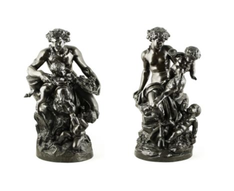 After Claude-Michel Clodion, Bacchic Companions. A pair of bronze groups, medium brown patina, cast signature height 57cms. L