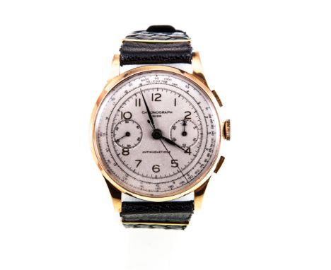 A gentleman's Swiss chronograph wrist watch, silvered dial "antimagnetique" with applied gilt arabic numerals, telemetre & ba