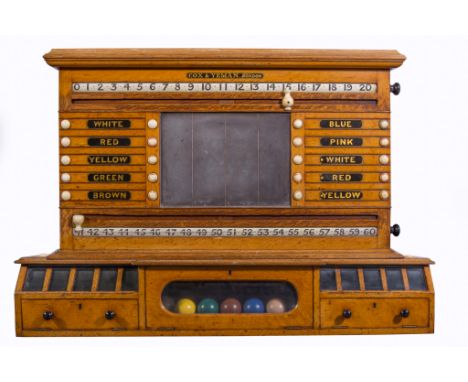 A Victorian light oak scoreboard for the games of snooker and billiards, Cox & Yeman, London, width 99cm, breakfront compartm