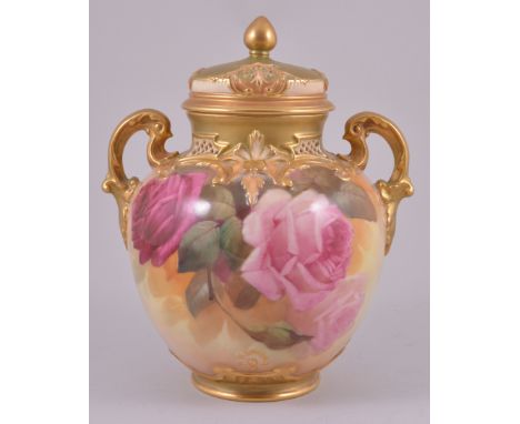 A Royal Worcester scroll-handled pot pourri vase and cover, date mark for 1919, domed lid, scrolled handles to the shoulders,