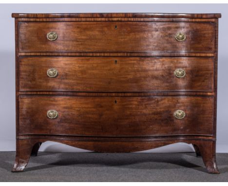 A George III mahogany serpentine chest of drawers, fitted with three long drawers, shaped apron, splayed bracket feet, width 