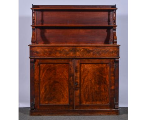 A Victorian mahogany chiffonier, two shelf back, rectangular top with a moulded edge, two frieze drawers above cupboards, pli