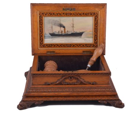 "Success to the good ship Odin and all who sail in her",  An oak presentation casket, containing an ornamental carved boxwood