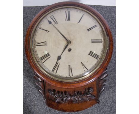 A George IV mahogany cased wall clock, white enamelled dial with Roman numerals, single fusee movement, shaped pendulum box w
