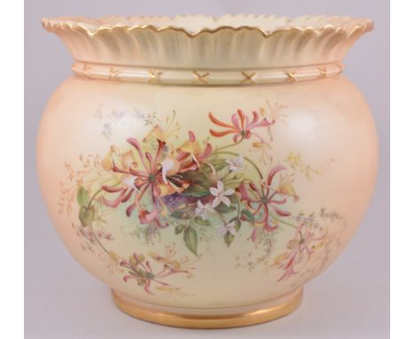 A Royal Worcester jardiniere, date mark for 1901, flared and frilled rim, decorated with honeysuckle and other flowers on a p