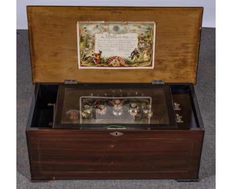 A Swiss musical box, 31cm drum, playing twelve airs on six visible bells, satinwood case with a walnut cross-banded and strun