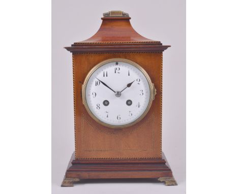 Victorian mahogany bracket clock, with chevron banding, casket top, white enamelled dial with Arabic numerals, a French cylin