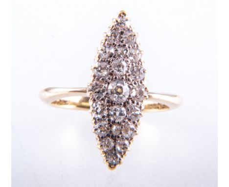 A diamond marquise cluster ring, twenty one old brilliant cut diamonds pave set in an all yellow metal marquise mount 22mm x 