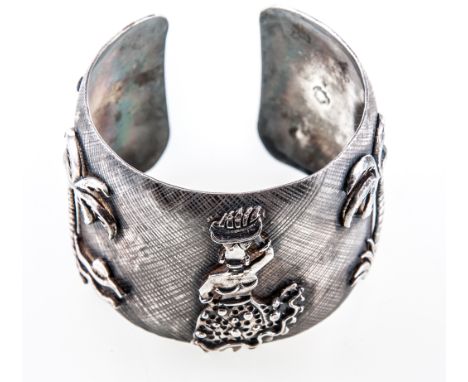 Two silver bangles and a wide white metal bangle, a silver Russian style bangle formed from three 4mm wide bands, a solid sil