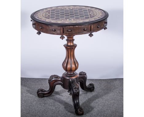 A William IV walnut and mahogany pedestal games table, made for Thomas Collcutt, circular top with a decorated panel, TC init