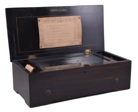 A Swiss musical box, 20cm drum, playing six hymns, trade label printed Fabrique de Geneve, no.25408, cased with an inlaid ros