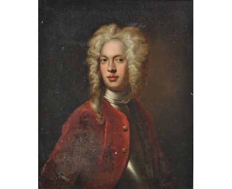 Follower of Enock Seeman, 19th Century,Portrait of a gentleman, half length, wearing a scarlet tunic,oil on relined canvas,74